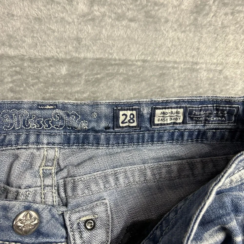 Miss Me Womens Jeans Mid Rise Easy Bootcut Embroidered Pocket Sz. 28 Distressed